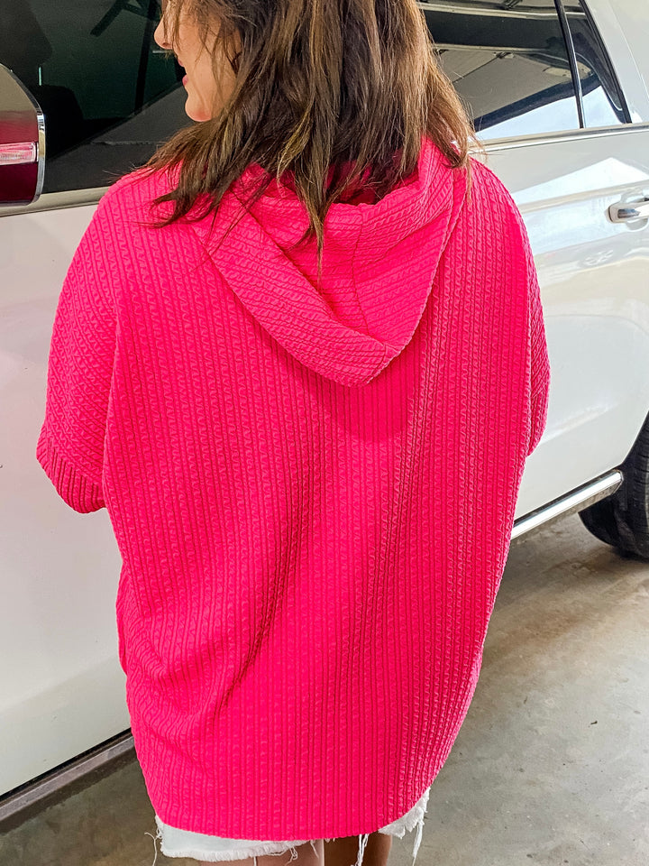 Reg/Plus Hot Pink Textured Cable Design Hooded Pullover by Blumin