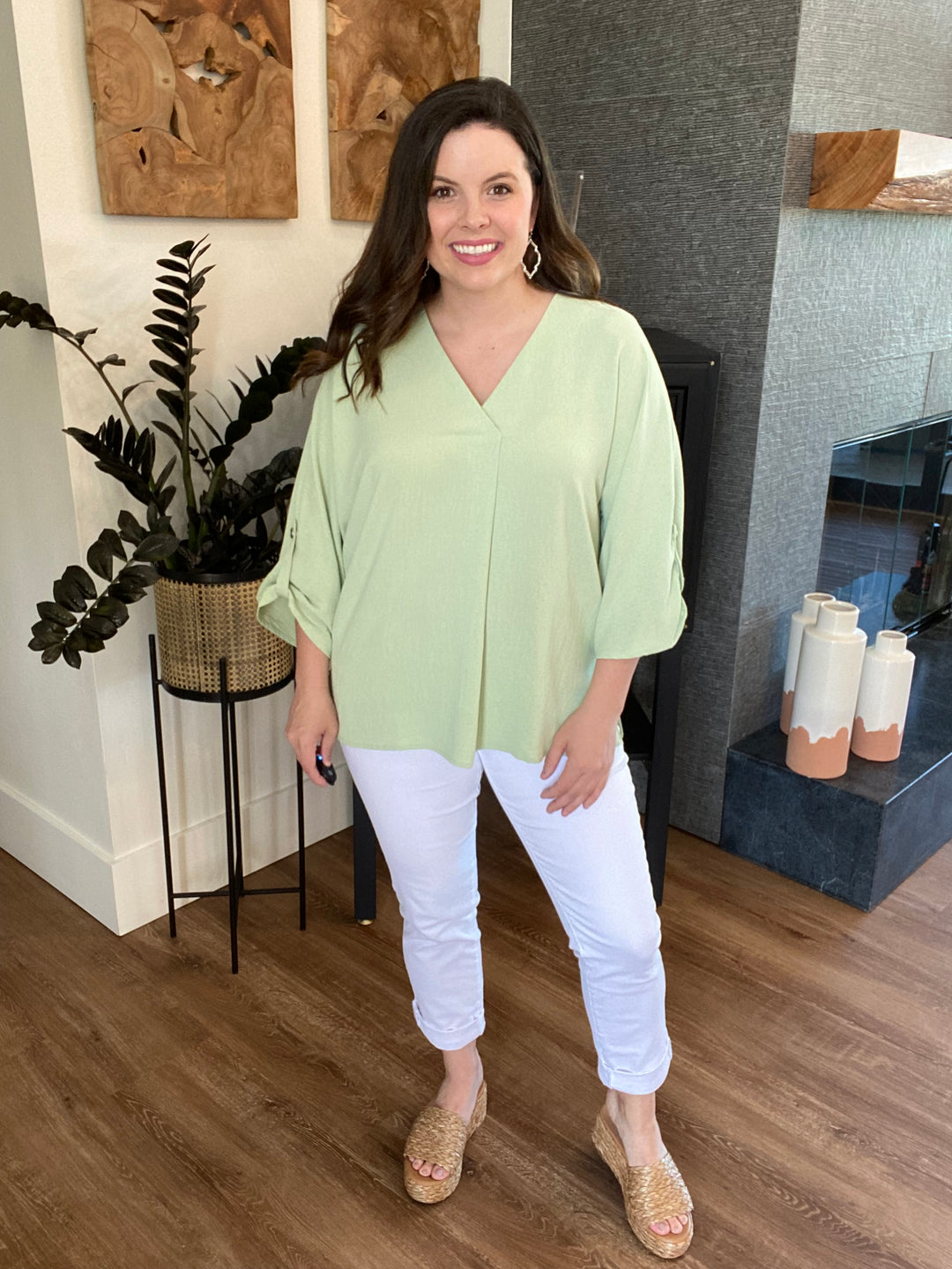 Reg/Plus Sage V-Neck 3/4 Sleeve Top by Andree