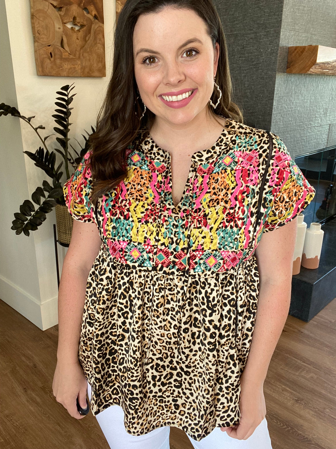 Animal Print Tie Front Embroidery Top by Jodifl