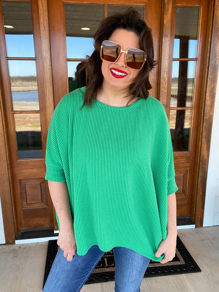 Reg/Plus Kelly Green Oversized Ribbed Top by Andree