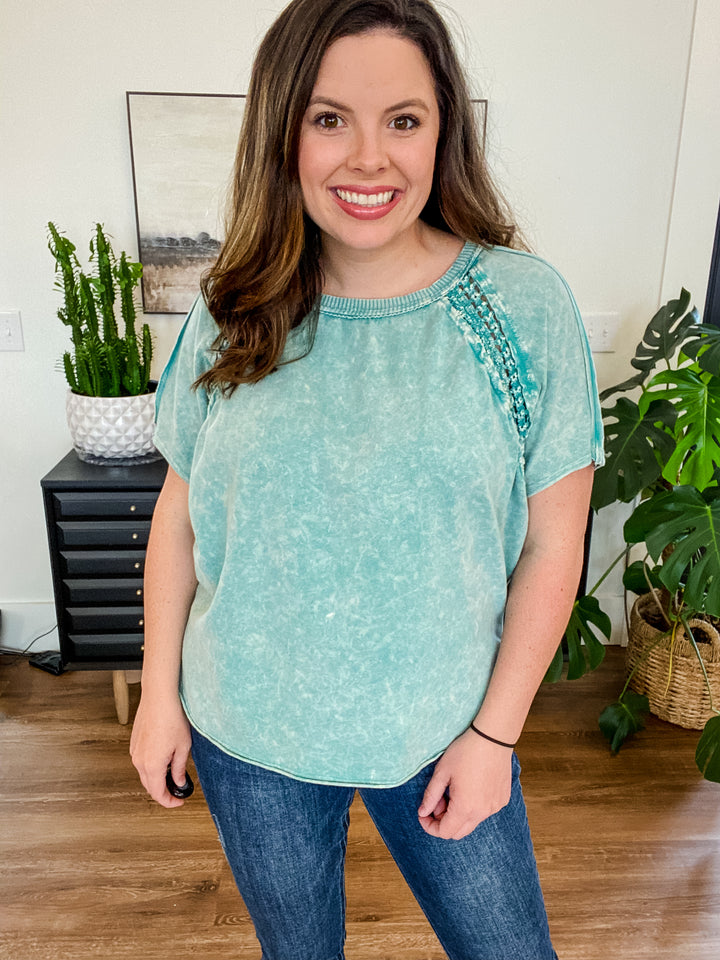 Mint Mineral Wash Lace Trim Top by j Her