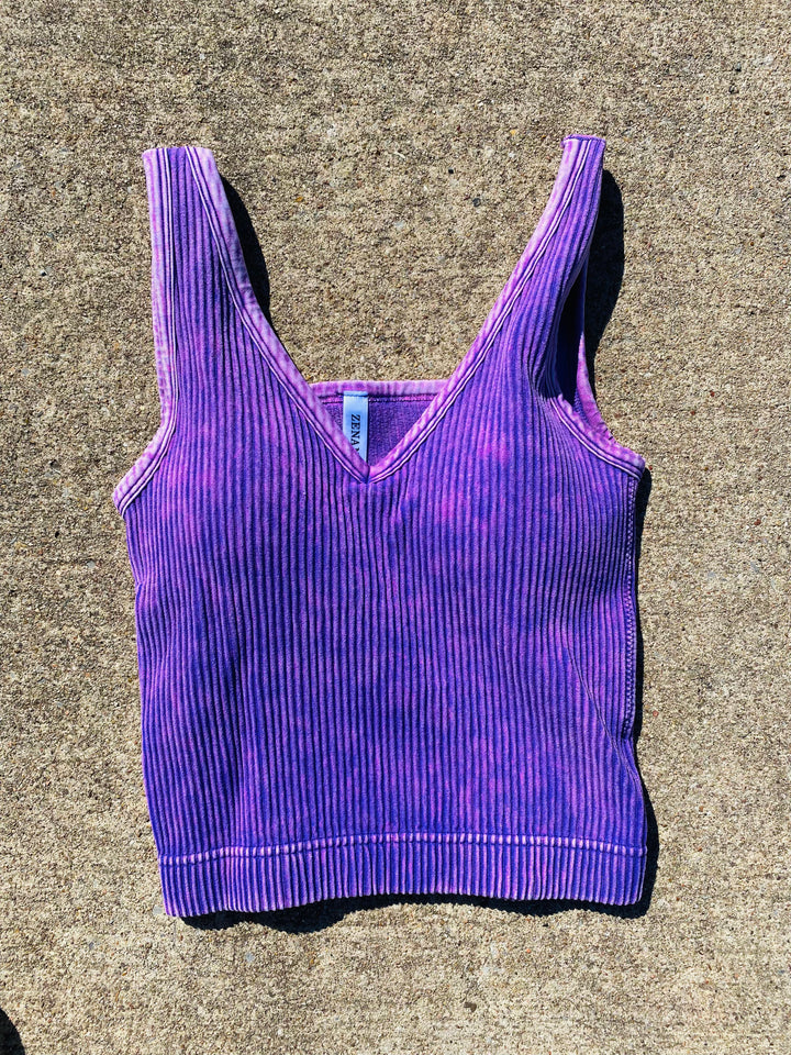 Purple Ribbed V-Neck Cropped Tank with Pads by Zenana