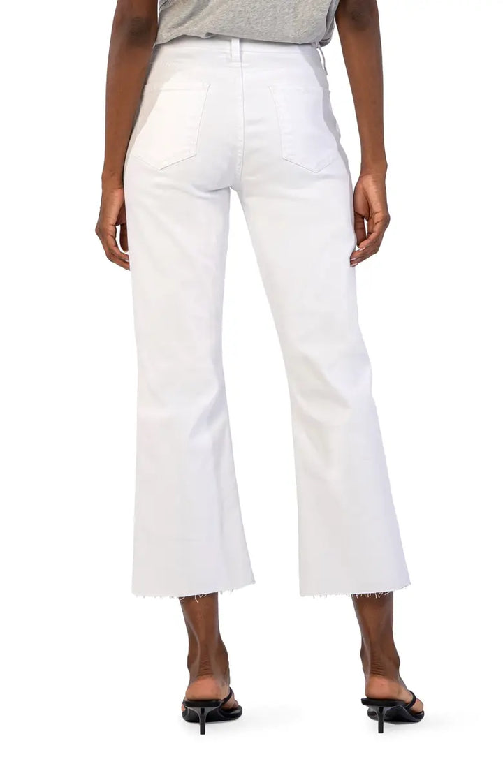 "Kelsey" Optic White High Rise Ankle Flare Raw Hem Jeans by KUT