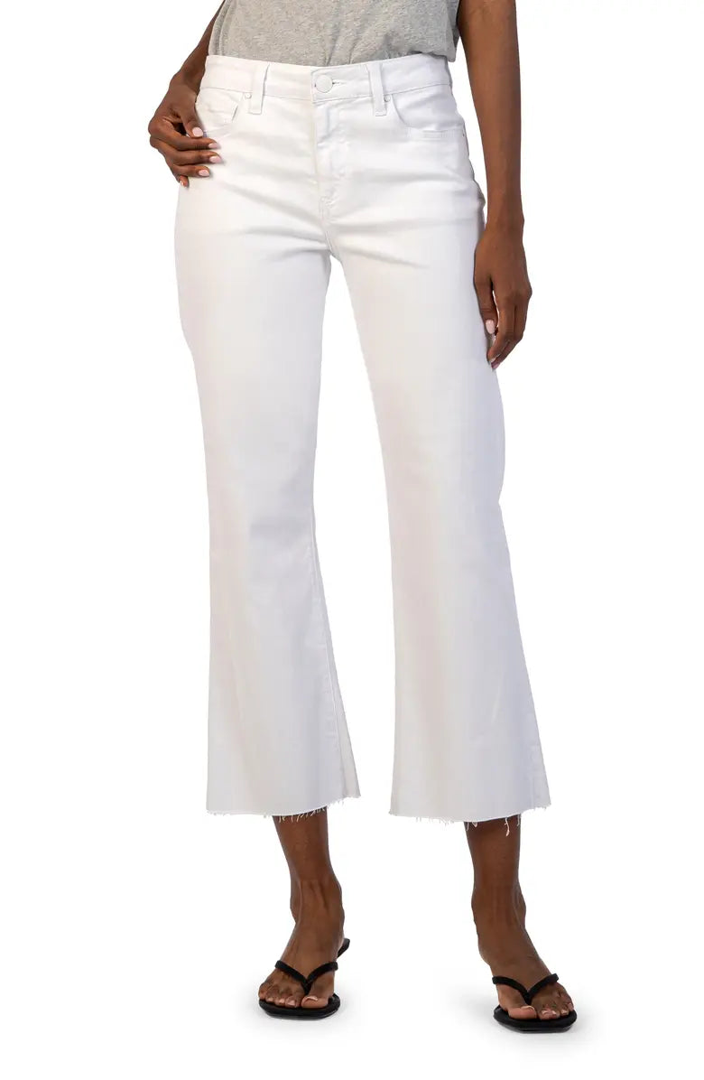 "Kelsey" Optic White High Rise Ankle Flare Raw Hem Jeans by KUT